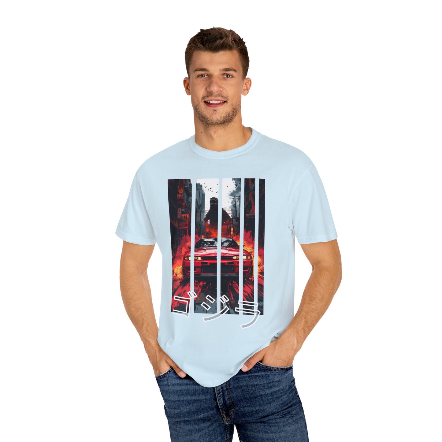 Chambray Godzilla T-shirt with Nissan GT-R graphic design