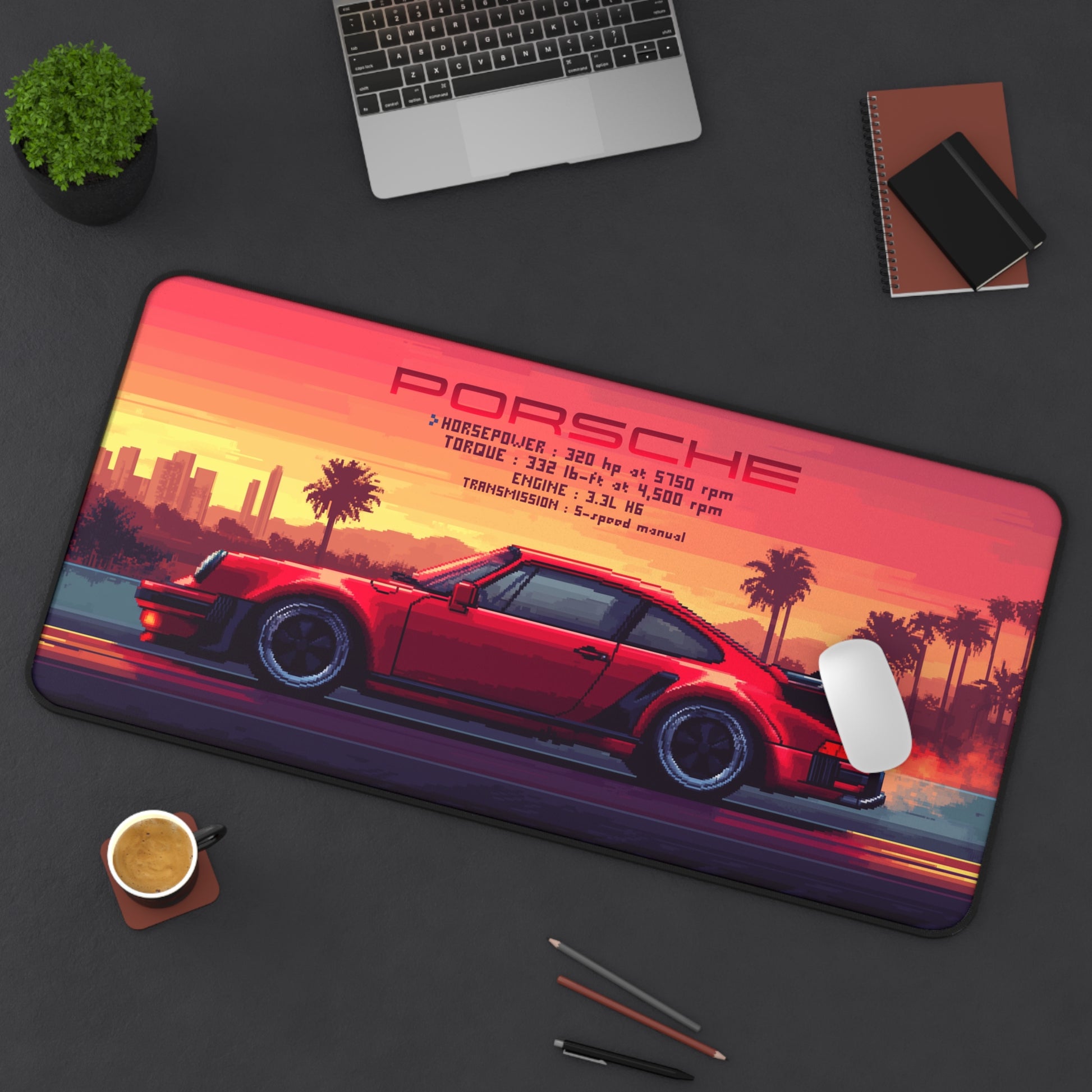 15.5 inch by 31 inch Porsche 911 Turbo Deskmat on a desk with mouse placed on top