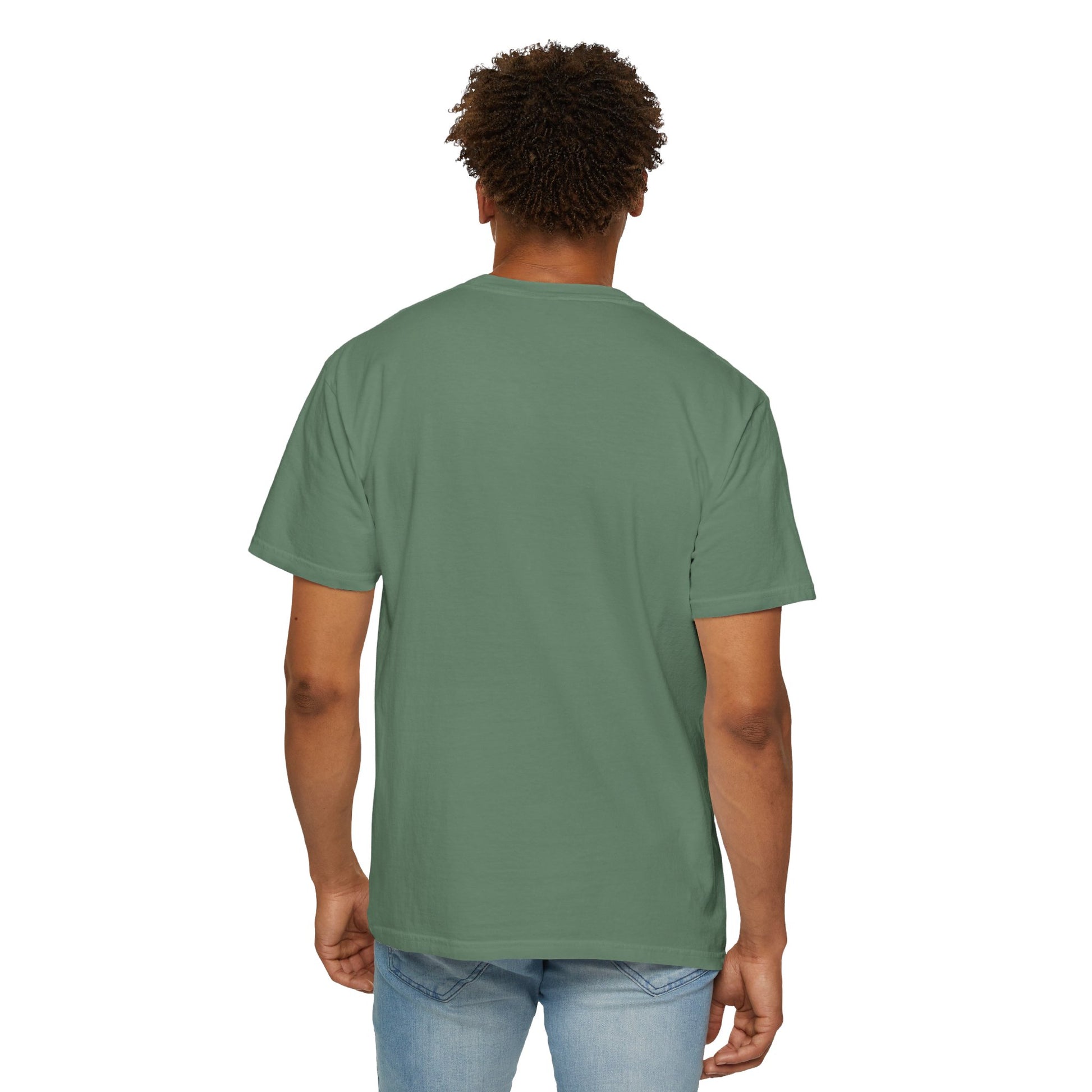 Rear view of model wearing Light Green Track Day T-shirt