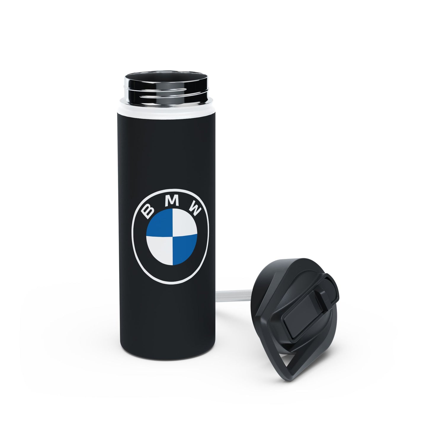 Front view of the 18oz BMW stainless steel water bottle with the lid off.