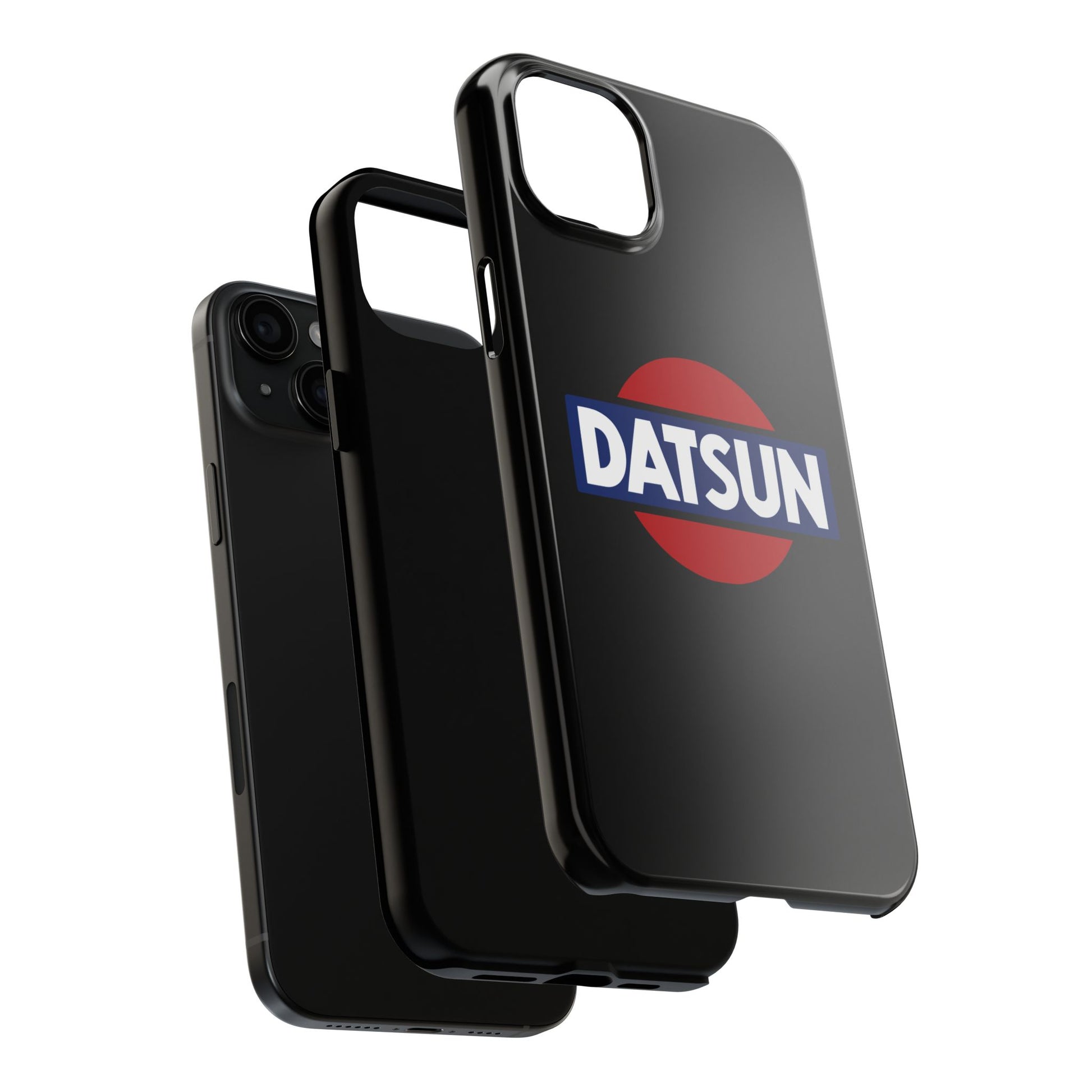 Exploded view of the Black iPhone 15 Plus Datsun phone case.