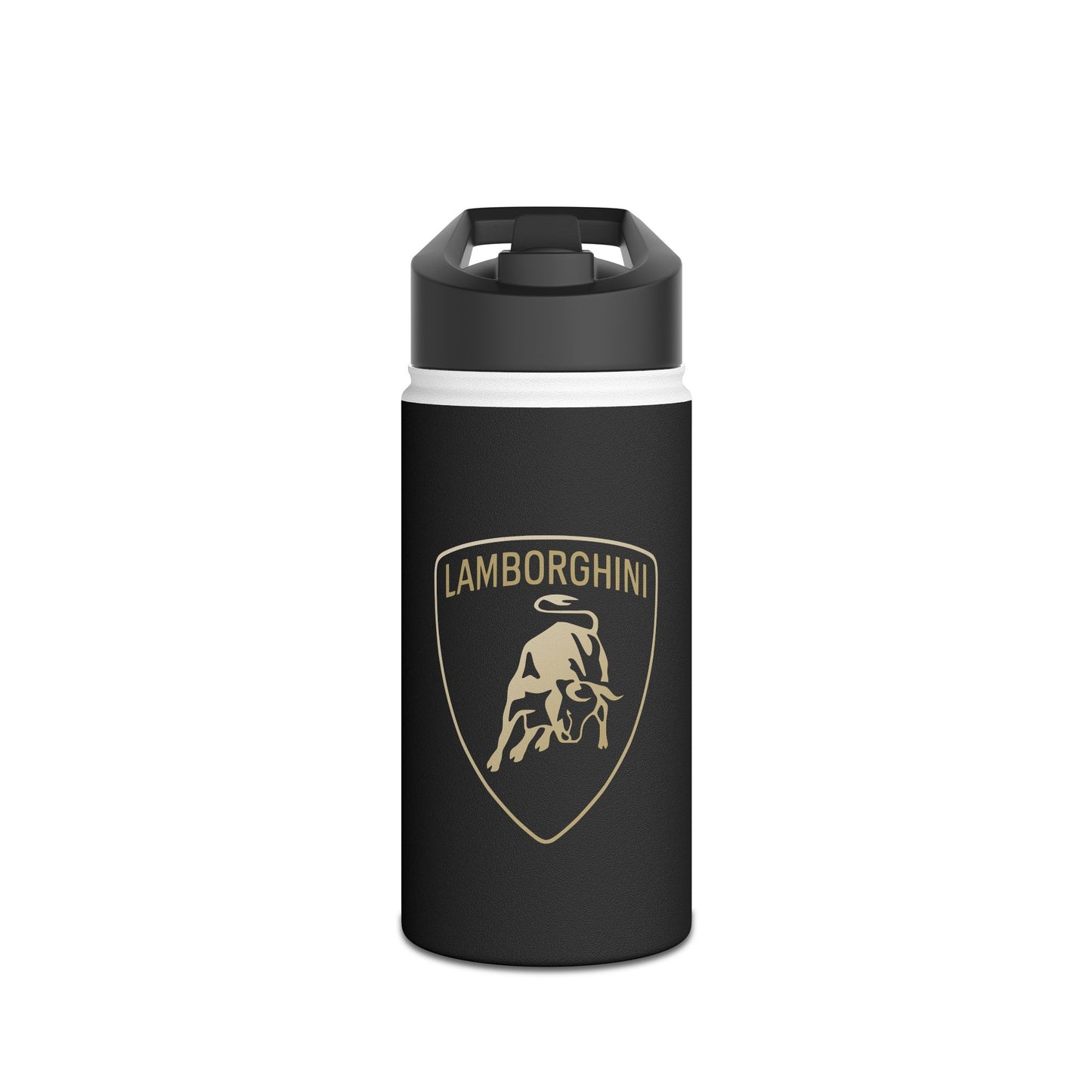 Front view of the 12oz Lamborghini stainless steel water bottle.