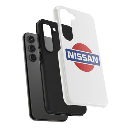 Exploded view of the White Samsung Galaxy S23 Vintage Nissan phone case.