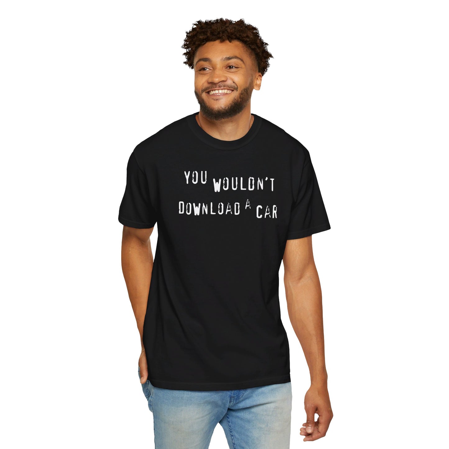 Model wearing black You Wouldn't Download A Car T-shirt