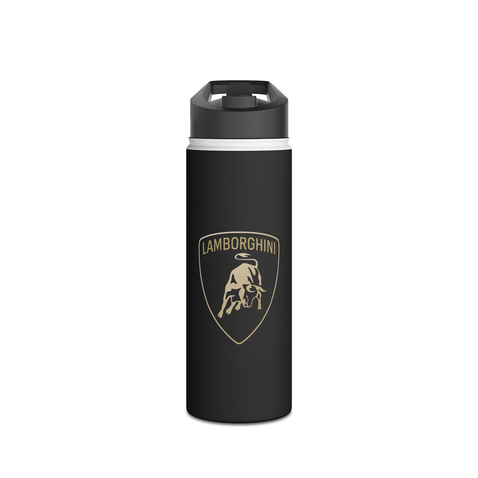 Front view of the 18oz Lamborghini stainless steel water bottle.