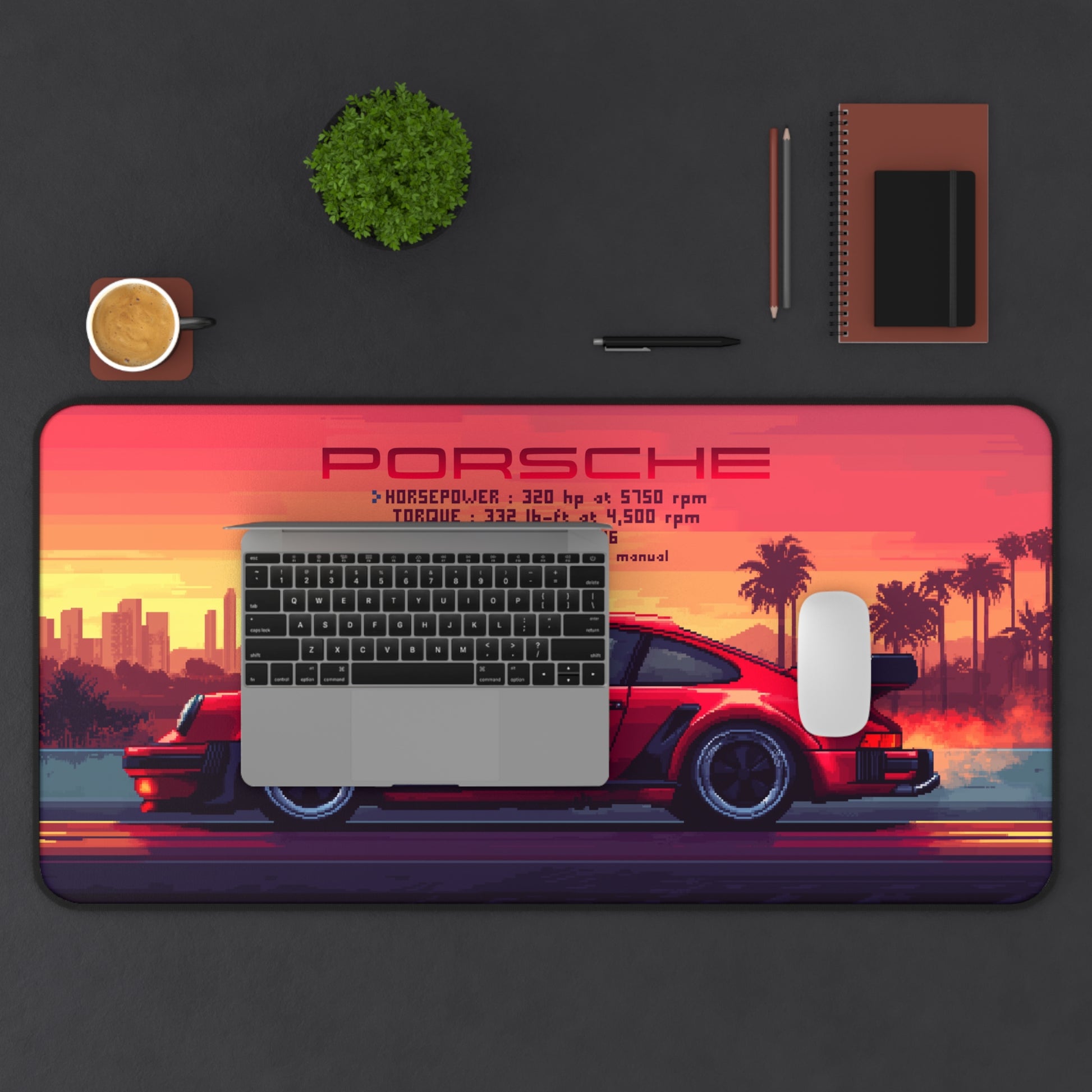 15.5 inch by 31 inch Porsche 911 Turbo Deskmat on a desk with laptop and mouse placed on top