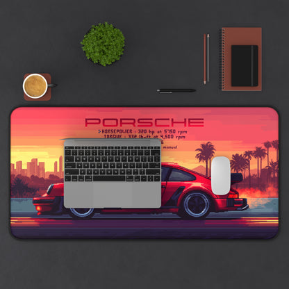 15.5 inch by 31 inch Porsche 911 Turbo Deskmat on a desk with laptop and mouse placed on top