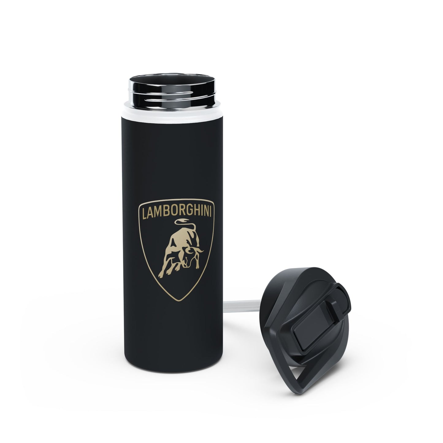 Front view of the 18oz Lamborghini stainless steel water bottle with the lid off.