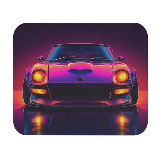 Neon Datsun 240z mouse pad on a white background