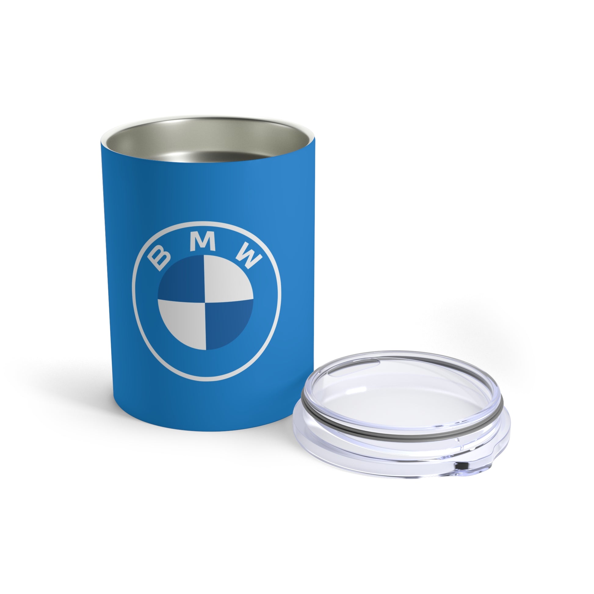 Front view of the Laguna Seca Blue BMW tumbler showing the leak-proof lid beside the Tumbler.