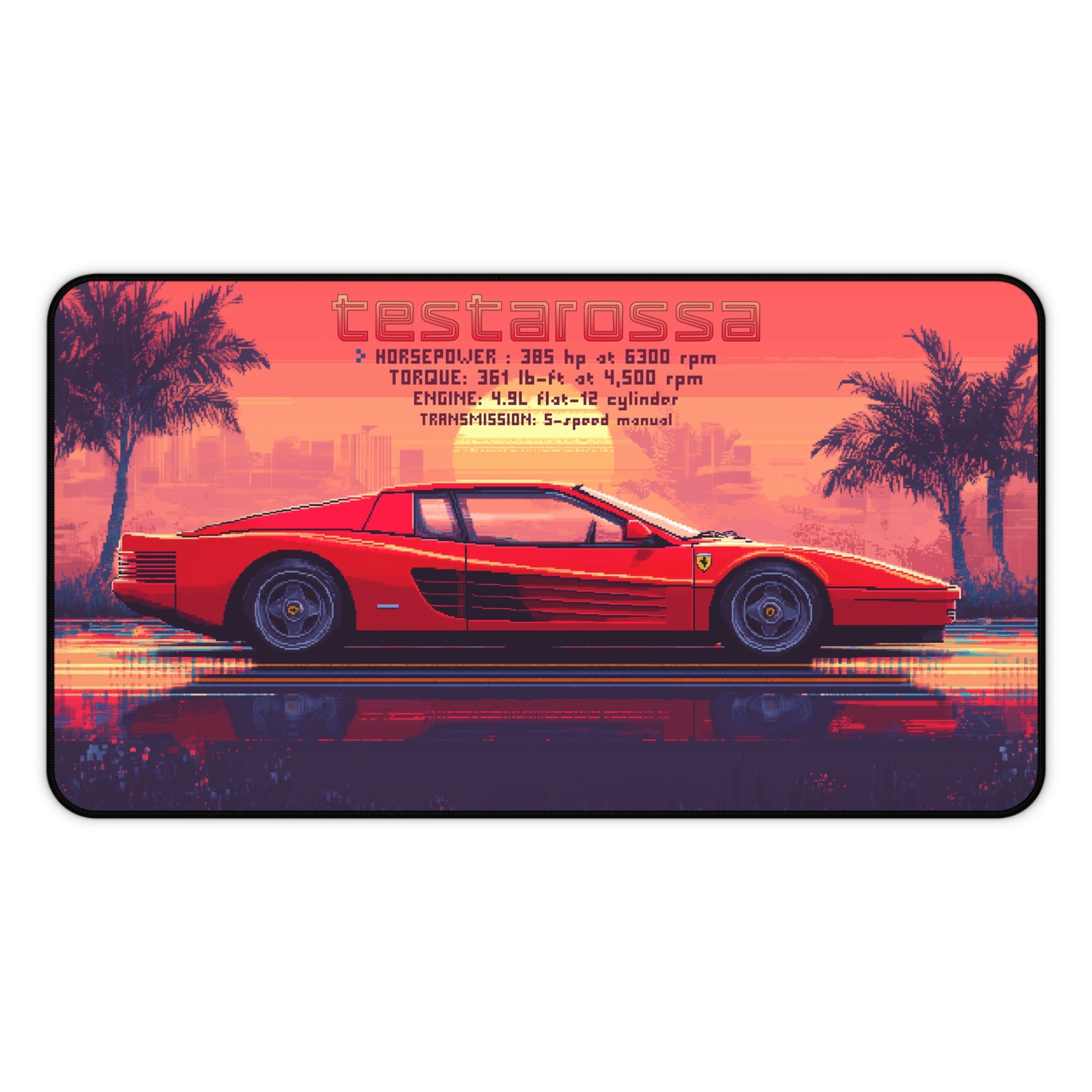 12 inch by 22 inch Ferrari Testarossa Deskmat on a white background