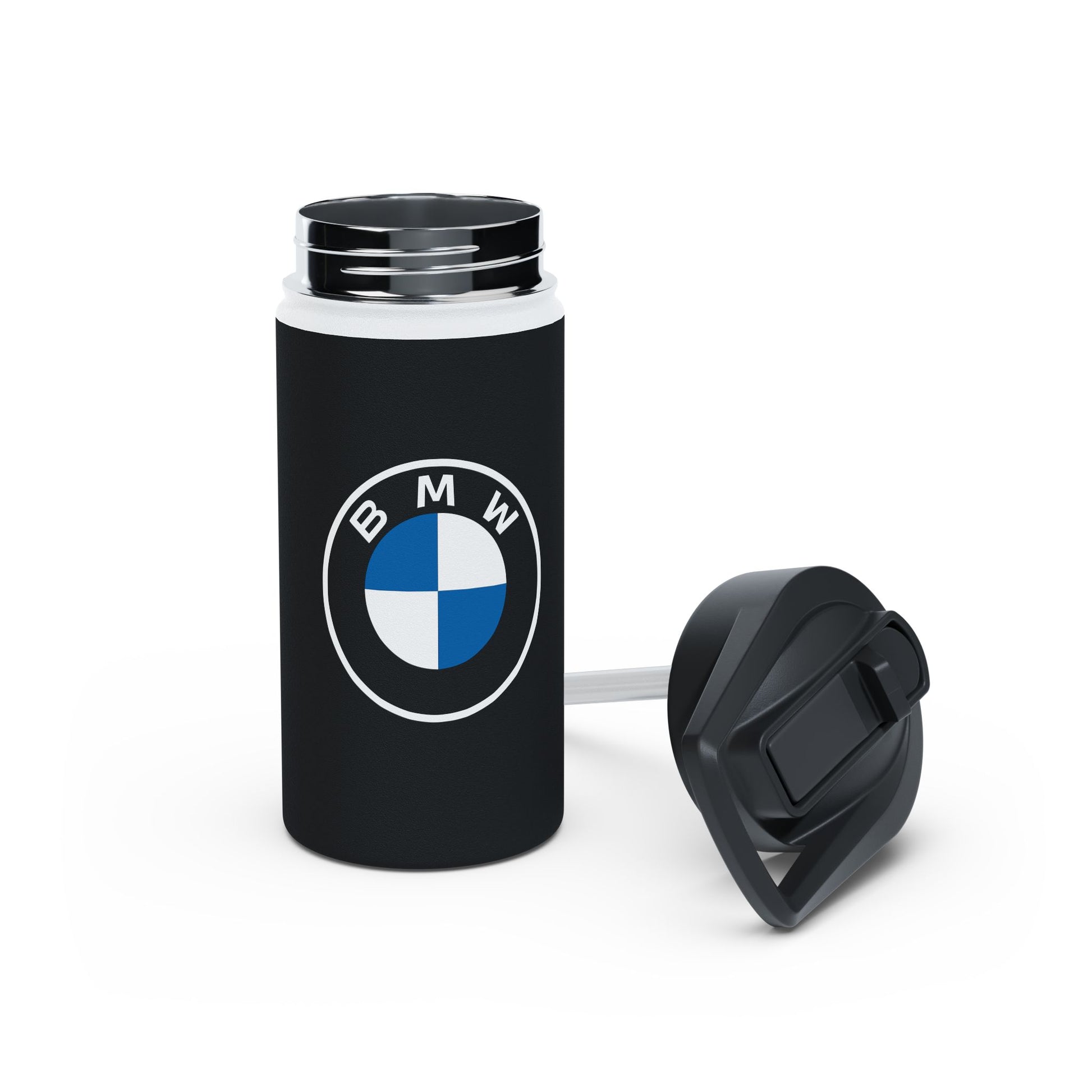 Front view of the 12oz BMW stainless steel water bottle with the lid off.