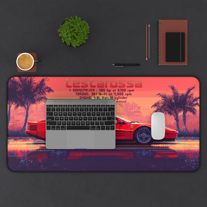 15.5 inch by 31 inch Ferrari Testarossa  Deskmat on a desk with laptop and mouse placed on top