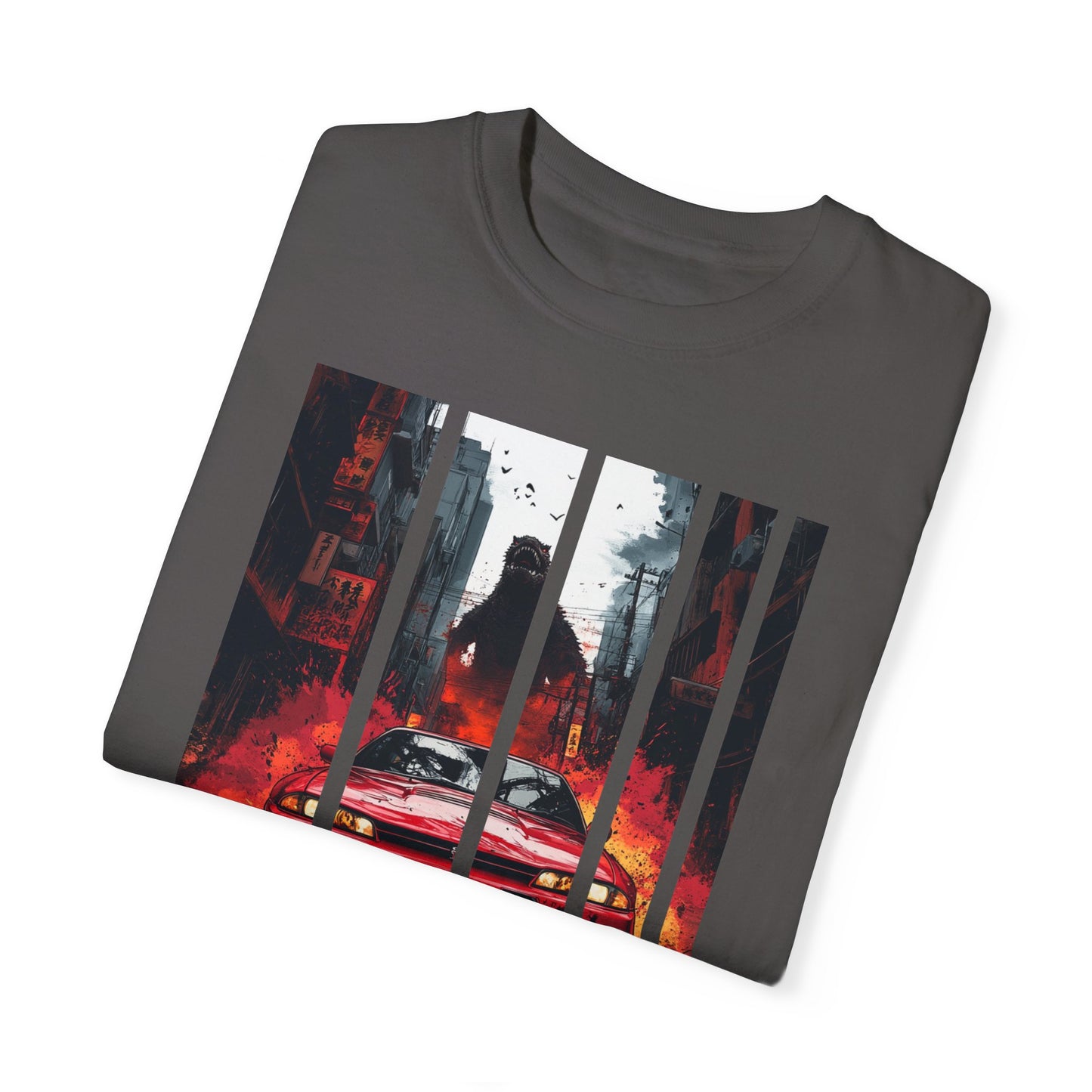 Folded dark gray Godzilla T-shirt with Nissan GT-R design