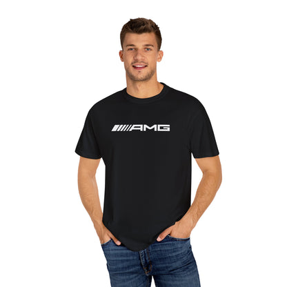 Model wearing Black AMG T-Shirt with white text.
