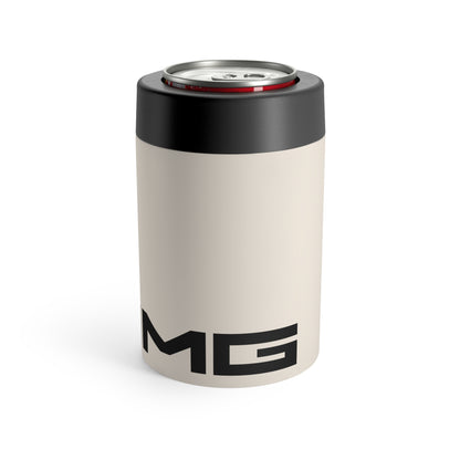 Side view of the AMG can holder in Diamond White showing its cylindrical design and logo.