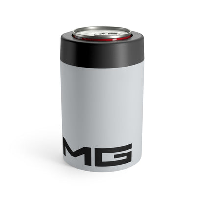 Side view of the AMG can holder in Iridium Silver showing its cylindrical design and logo.