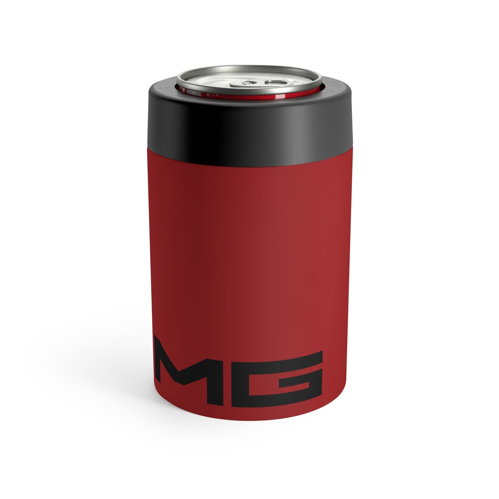 Side view of the AMG can holder in Mars Red showing its cylindrical design and logo.