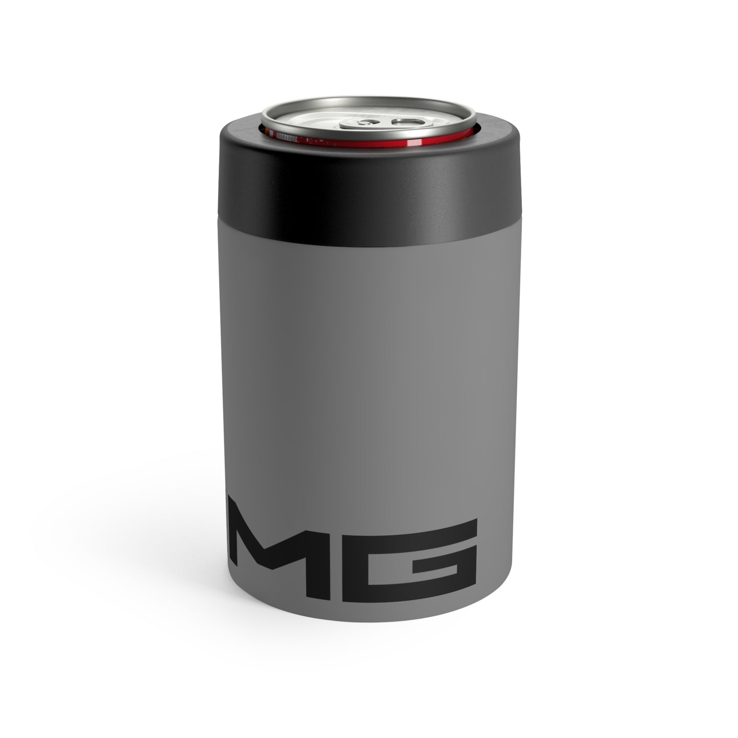 Side view of the AMG can holder in Selenite Grey showing its cylindrical design and logo.