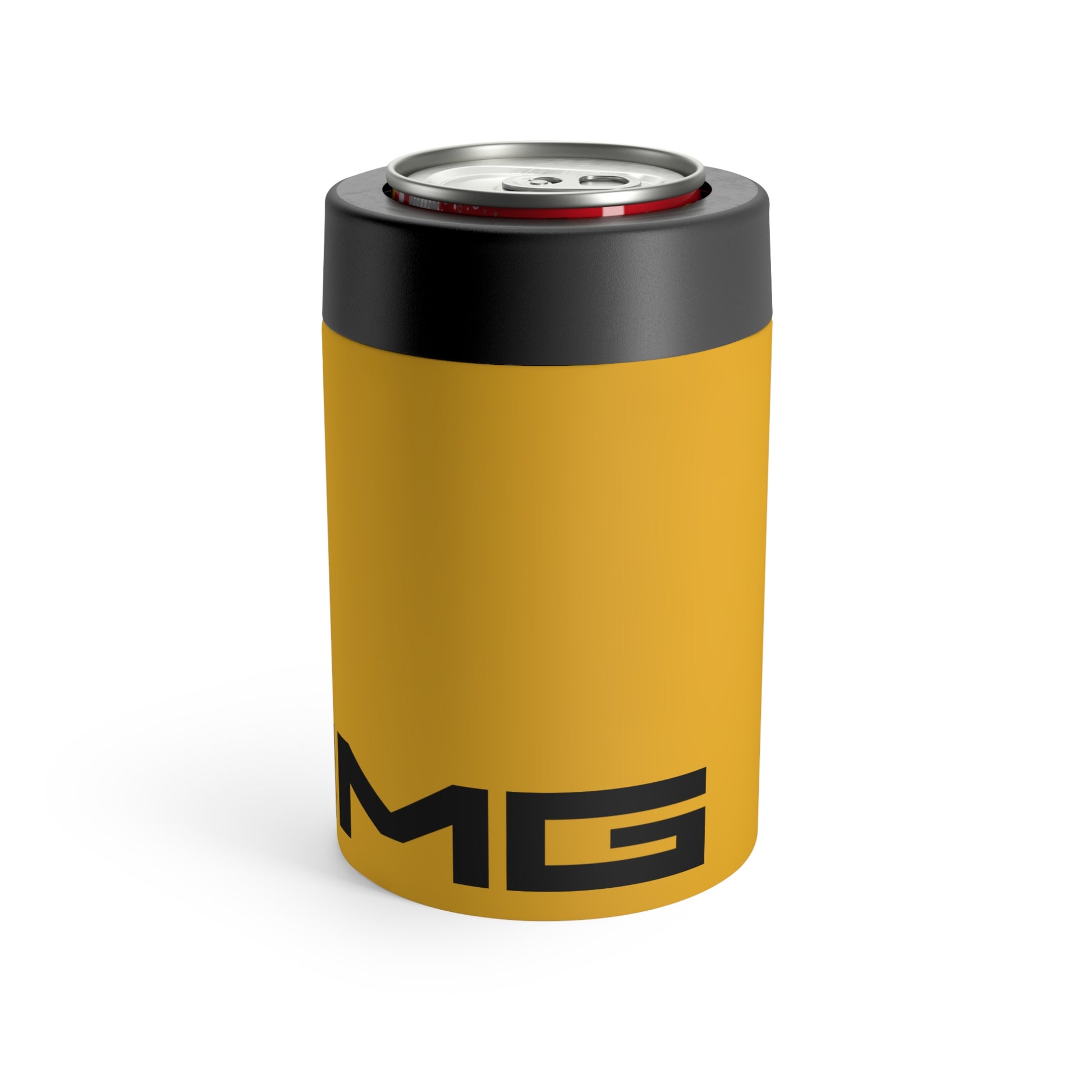 Side view of the AMG can holder in Solarbeam Yellow showing its cylindrical design and logo.