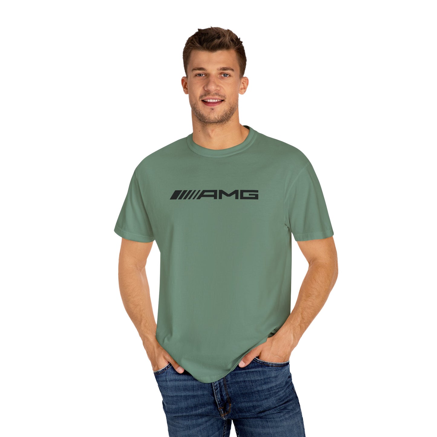 Model wearing Green AMG T-Shirt with black text.
