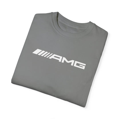 Grey AMG T-Shirt with white text, folded.
