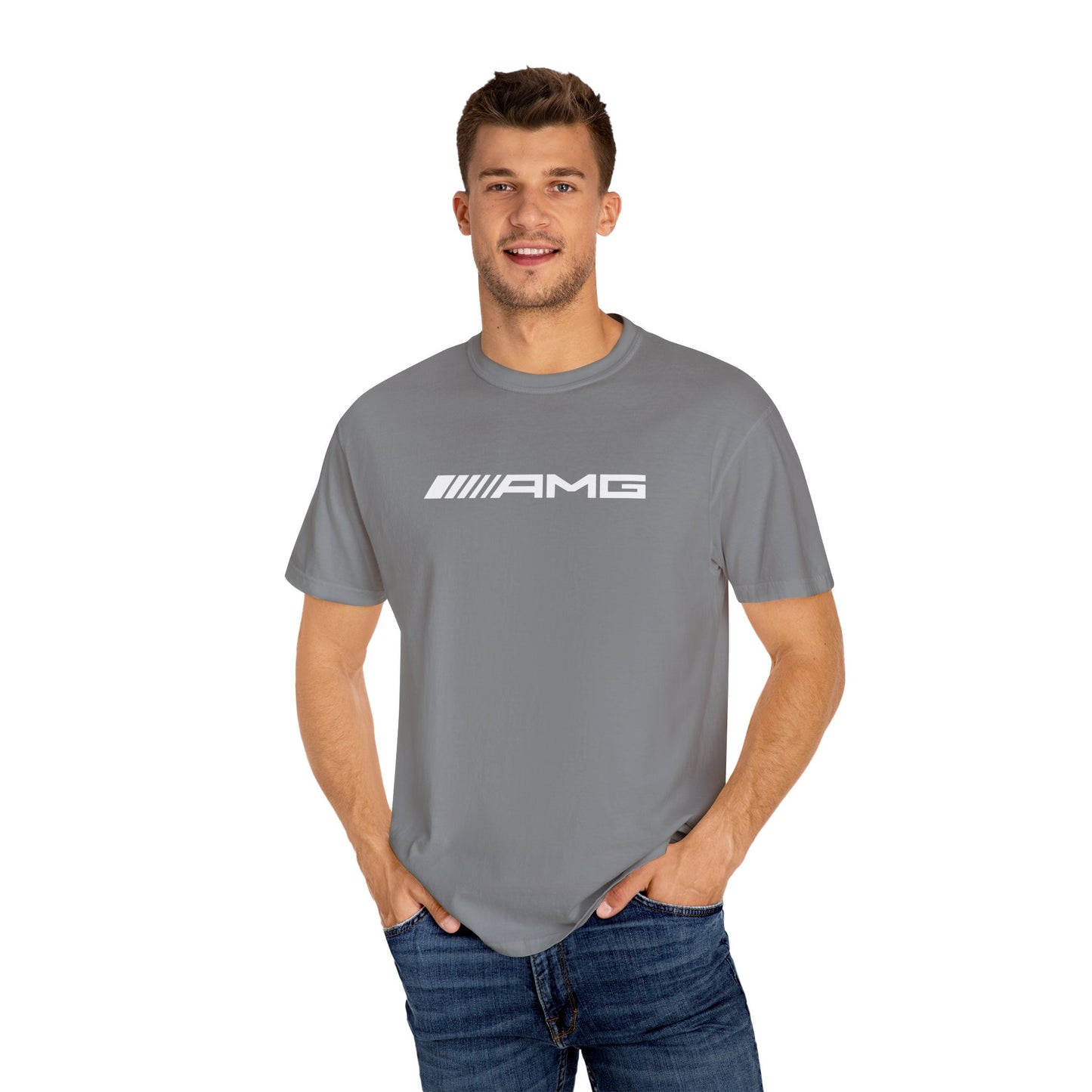 Model wearing Grey AMG T-Shirt with white text.
