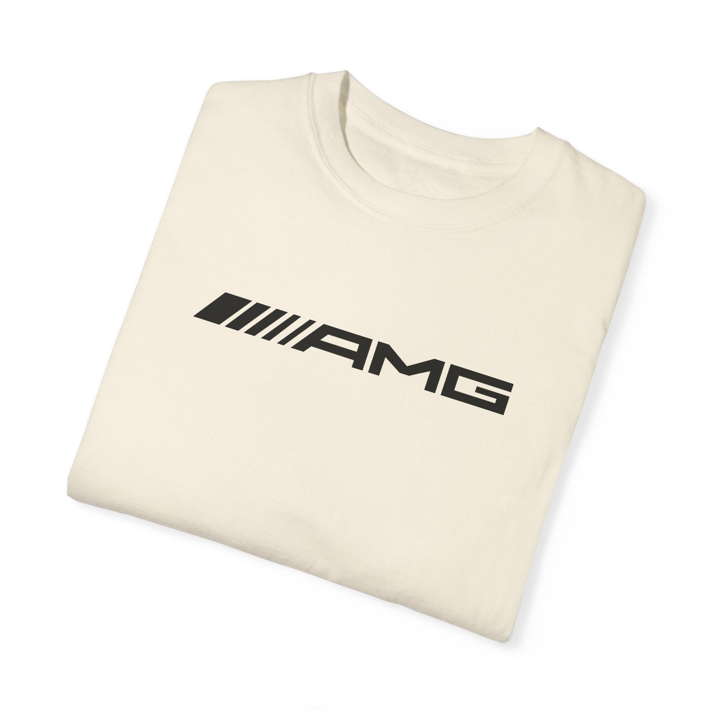 Ivory AMG T-Shirt with black text, folded.
