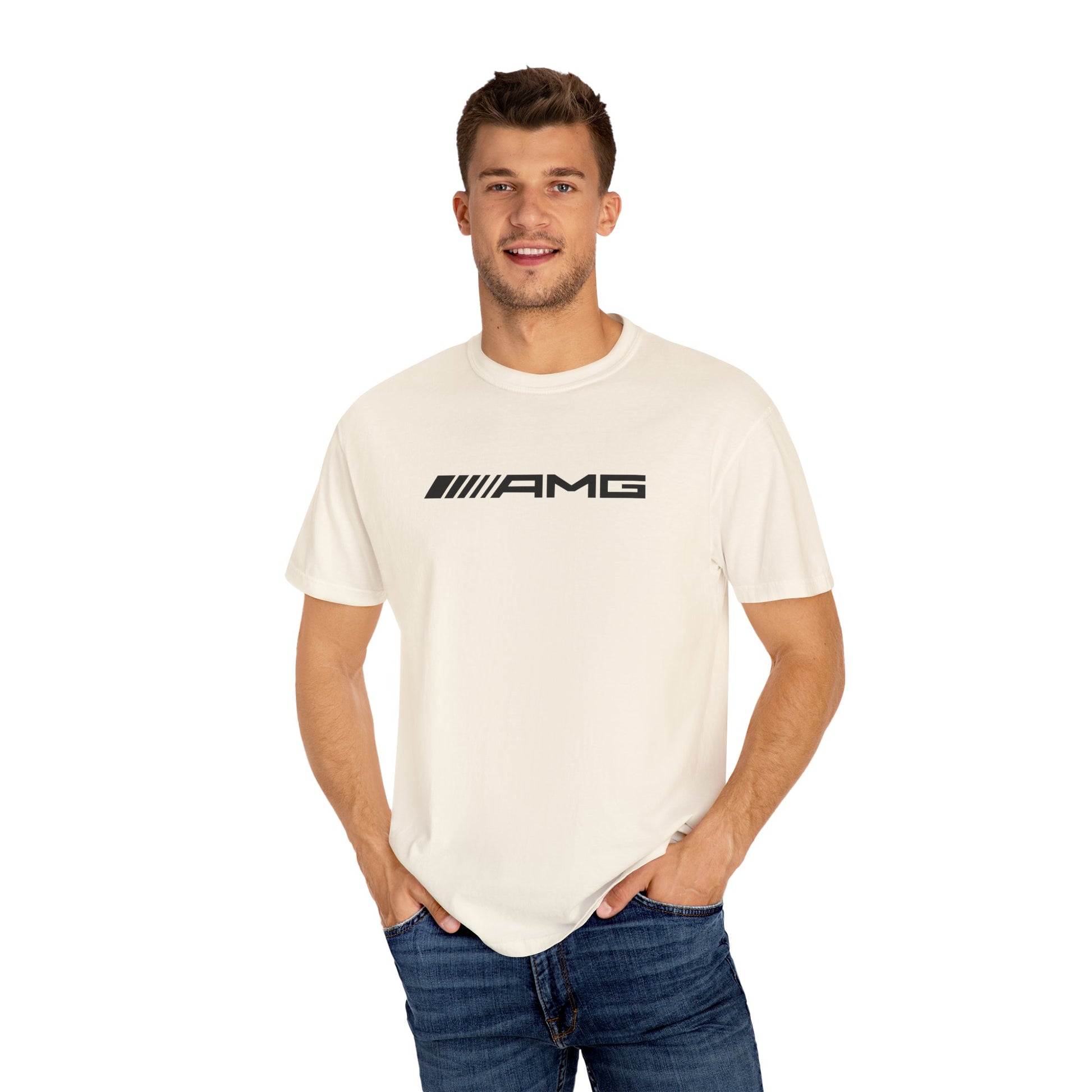 Model wearing Ivory AMG T-Shirt with black text.
