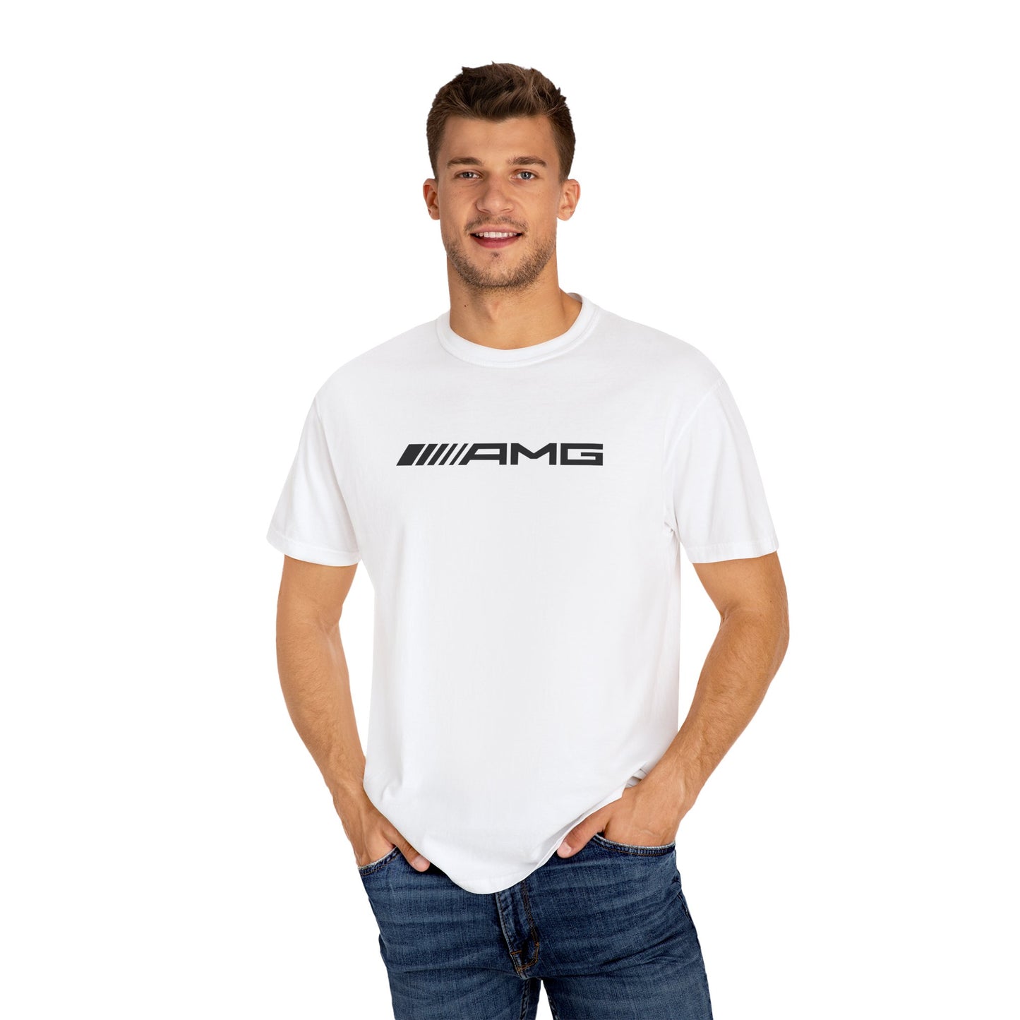 Model wearing White AMG T-Shirt with black text.
