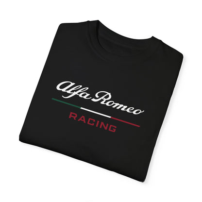 Black Alfa Romeo Racing T-Shirt with white and red text, folded.
