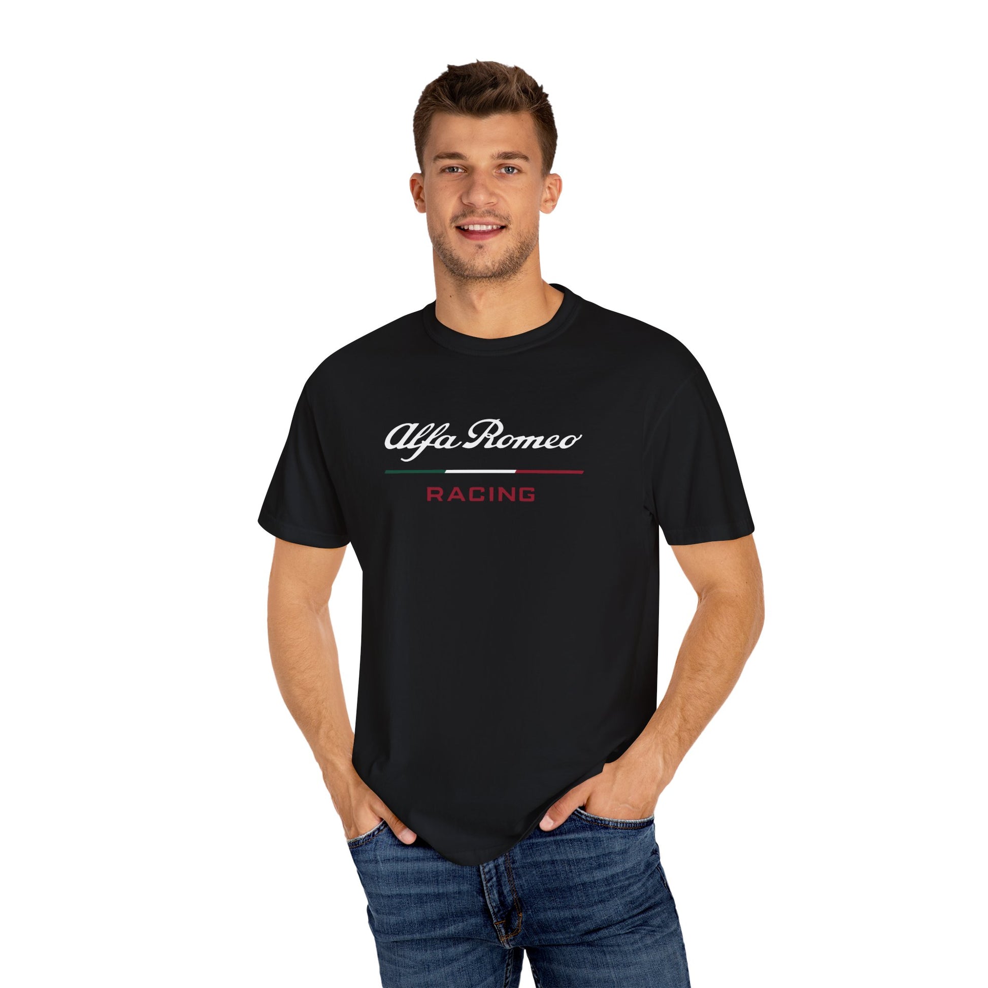 Model wearing Black Alfa Romeo Racing T-Shirt with white and red text.
