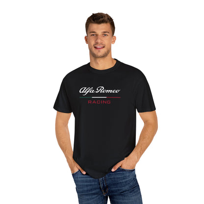 Model wearing Black Alfa Romeo Racing T-Shirt with white and red text.
