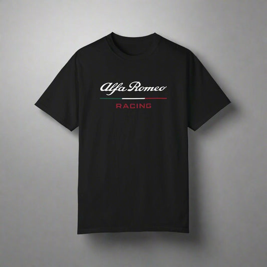 Black Alfa Romeo Racing T-Shirt with white and red text.
