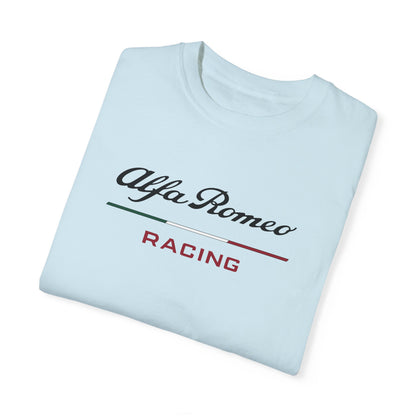 Chambray Alfa Romeo Racing T-Shirt with black and red text, folded.
