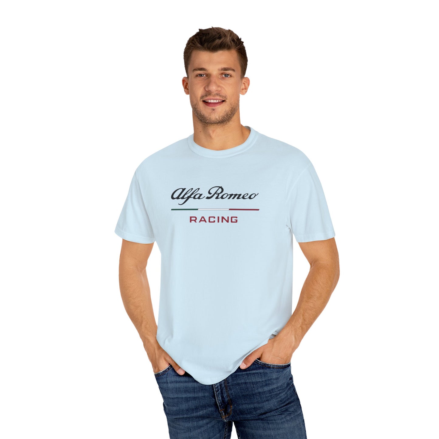 Model wearing Chambray Alfa Romeo Racing T-Shirt with black and red text.
