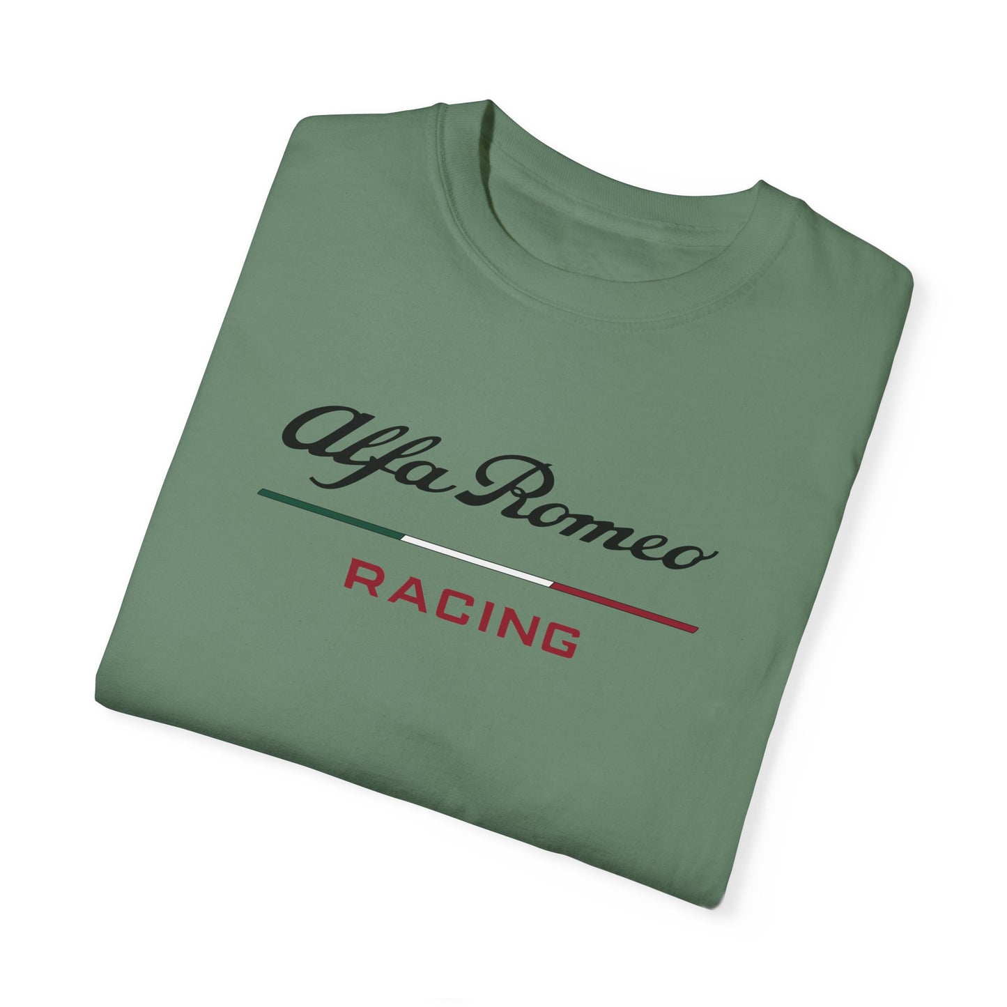 Green Alfa Romeo Racing T-Shirt with black and red text, folded.
