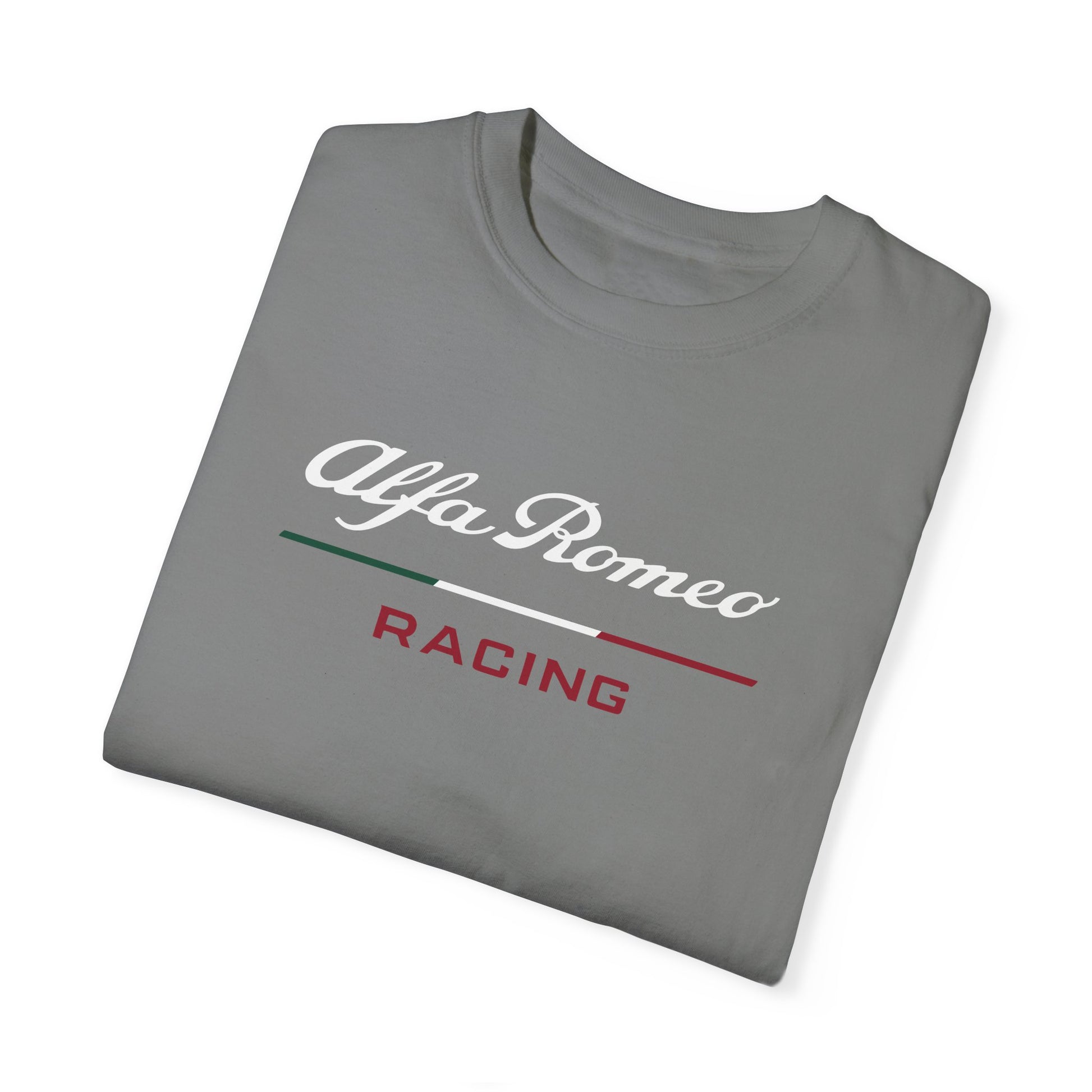 Grey Alfa Romeo Racing T-Shirt with white and red text, folded.
