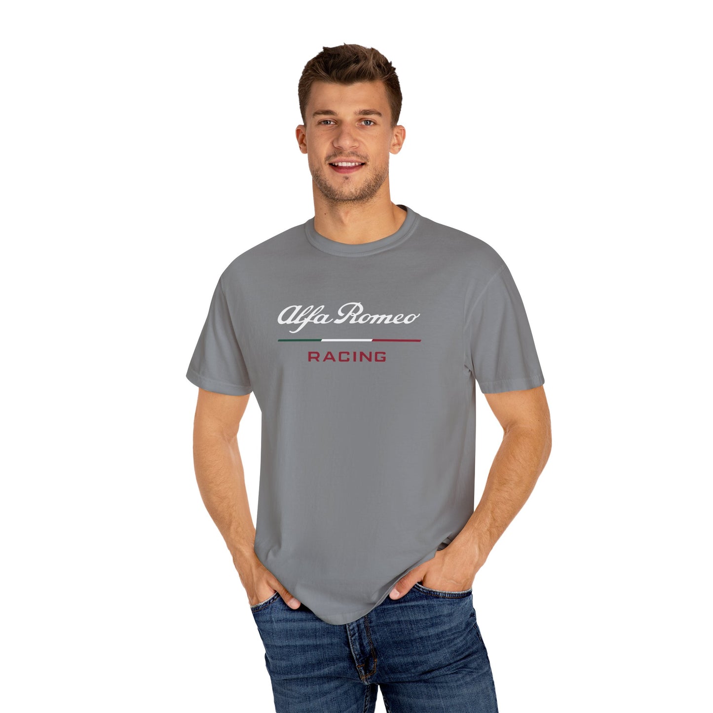 Model wearing Grey Alfa Romeo Racing T-Shirt with white and red text.
