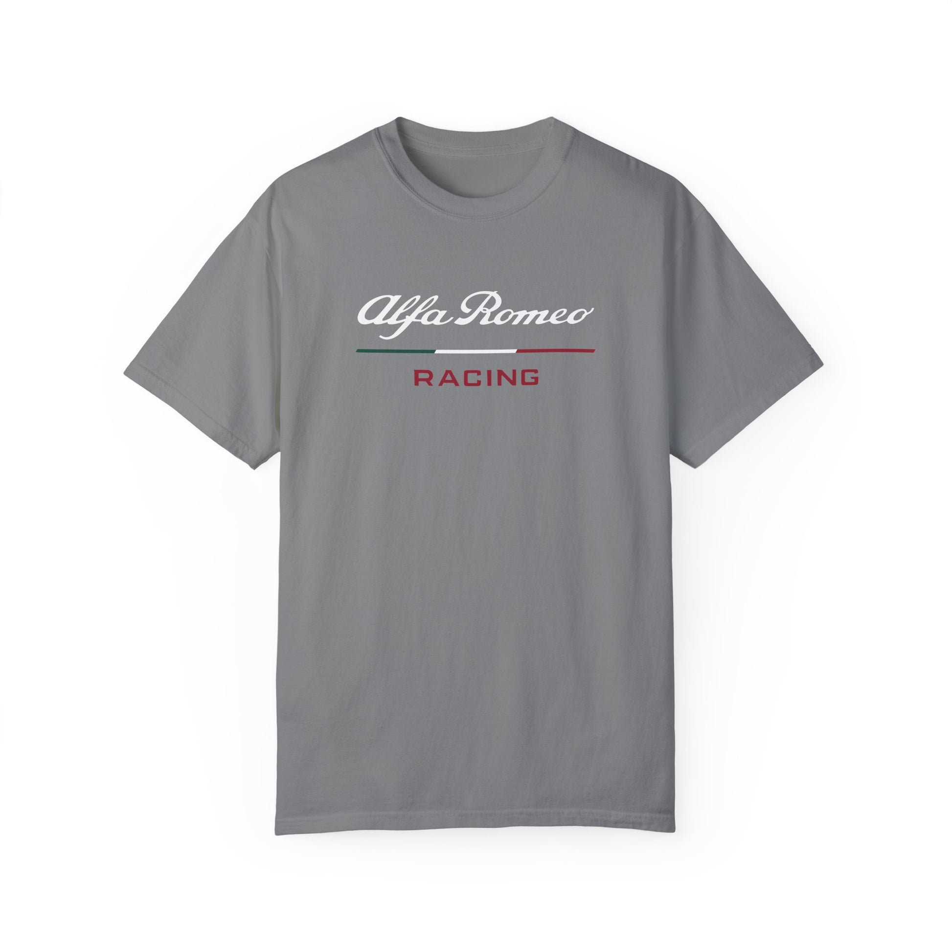 Grey Alfa Romeo Racing T-Shirt with white and red text.
