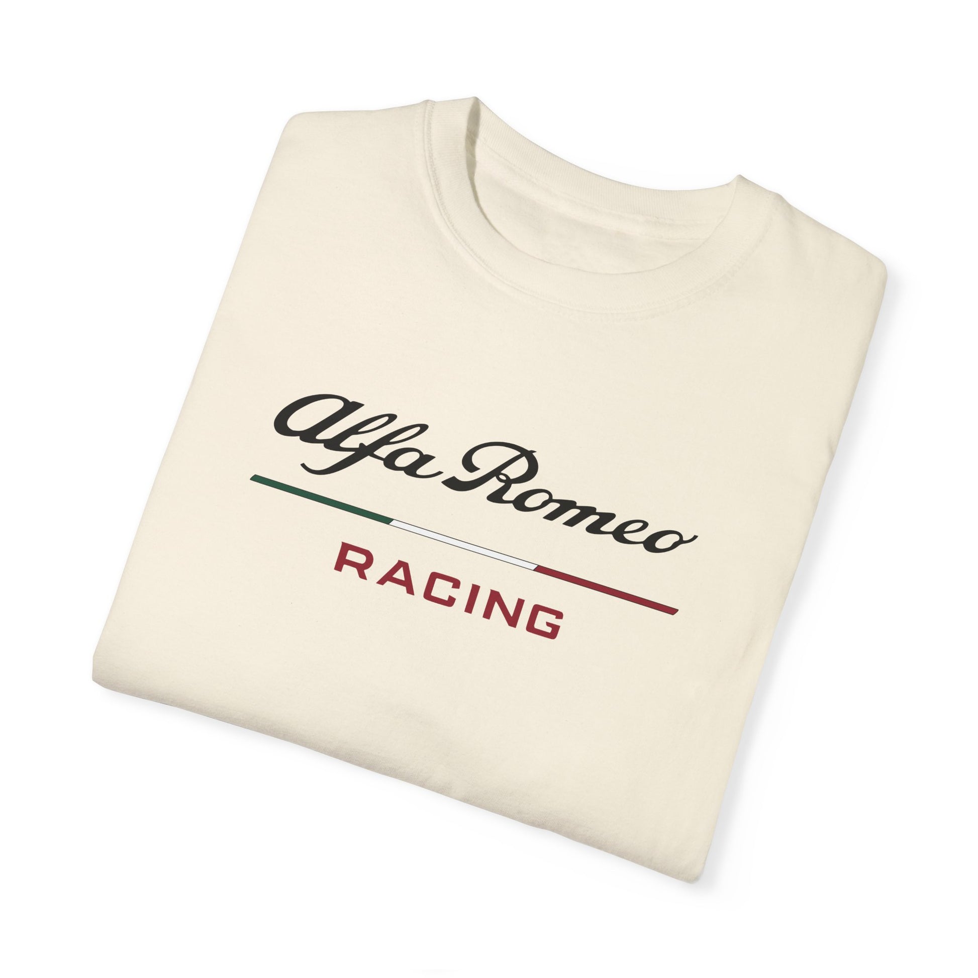 Ivory Alfa Romeo Racing T-Shirt with black and red text, folded.
