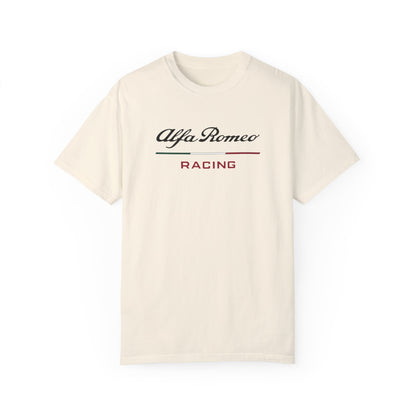 Ivory Alfa Romeo Racing T-Shirt with black and red text.
