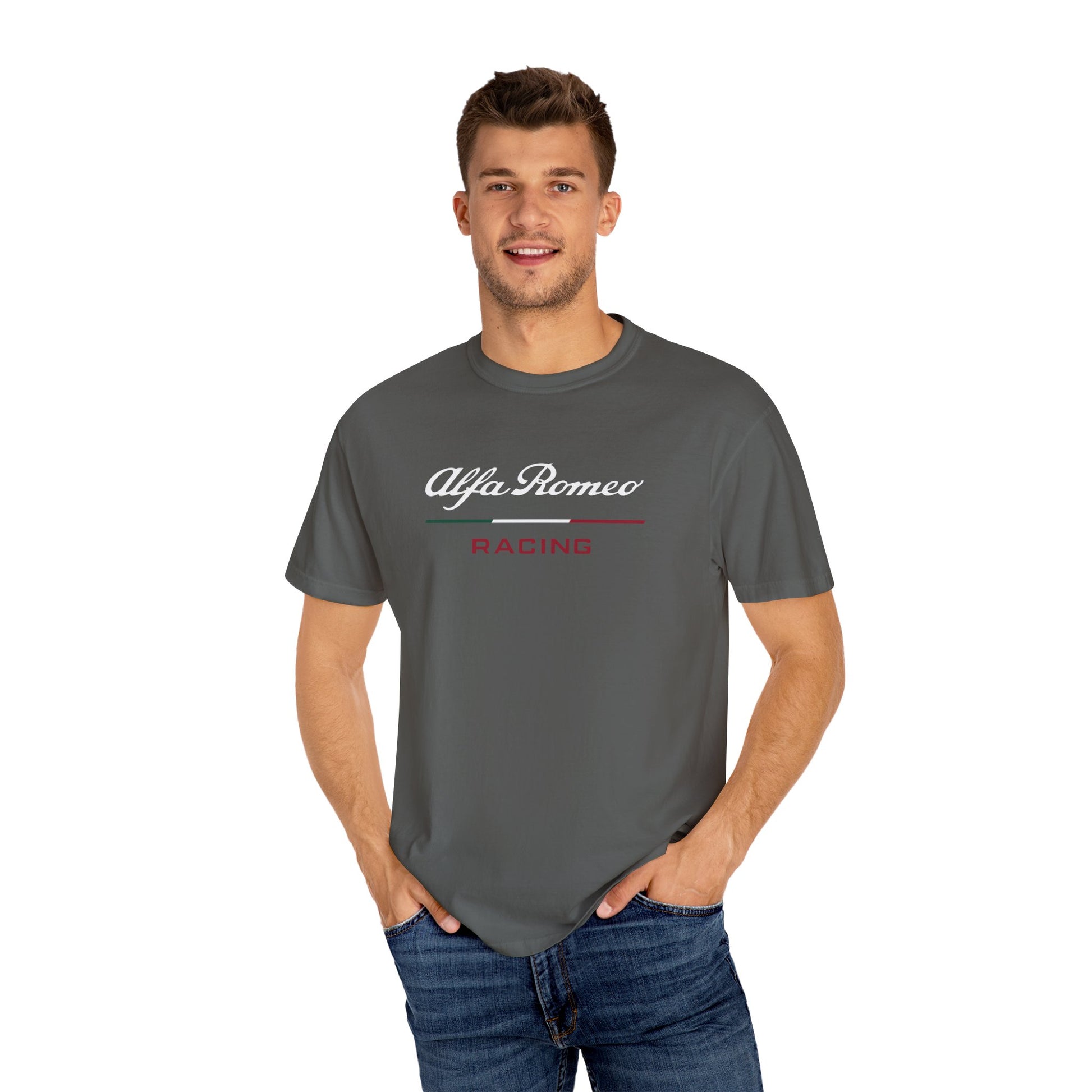 Model wearing Pepper Alfa Romeo Racing T-Shirt with white and red text.
