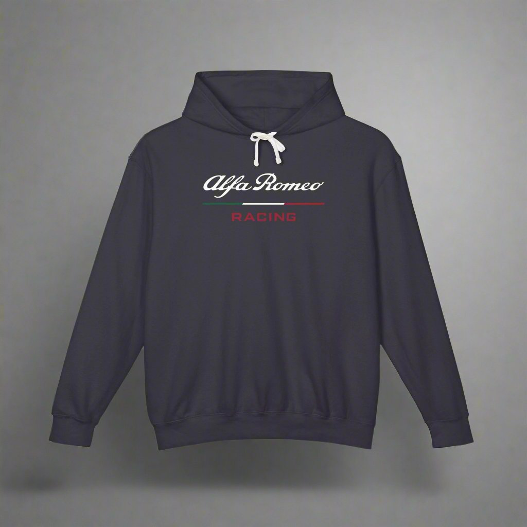 Black hoodie with Alfa Romeo Racing logo in white on the front, featuring a natural-colored flatcord hood.
