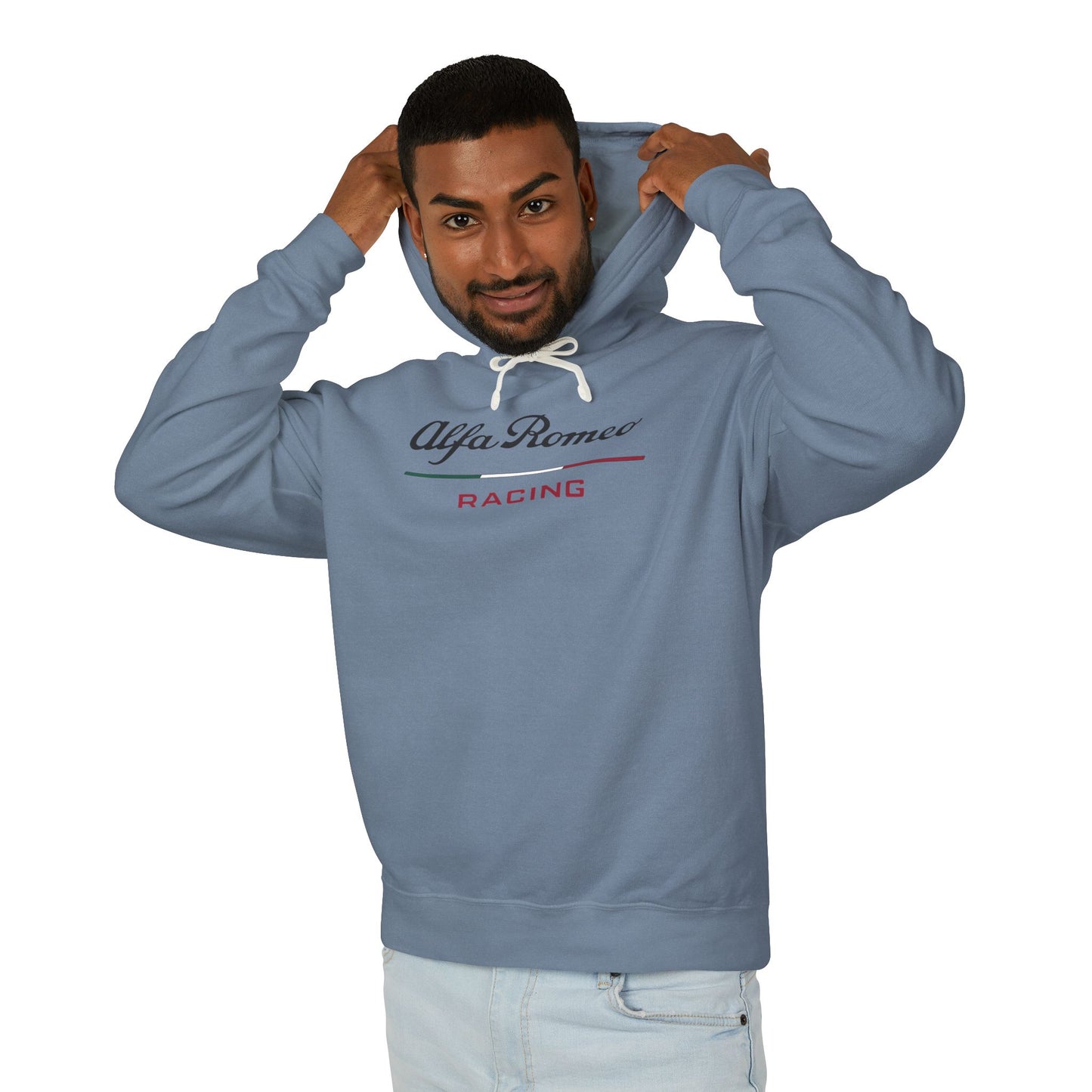 Model wearing a Blue Jean Alfa Romeo Racing hoodie with logo in black on the front, featuring a natural-colored flatcord hood.
