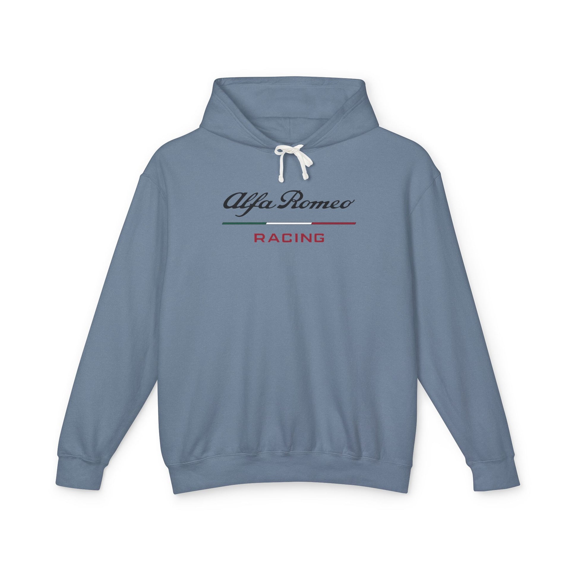 Blue Jean hoodie with Alfa Romeo Racing logo in black on the front, featuring a natural-colored flatcord hood.
