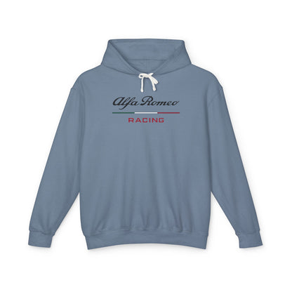 Blue Jean hoodie with Alfa Romeo Racing logo in black on the front, featuring a natural-colored flatcord hood.
