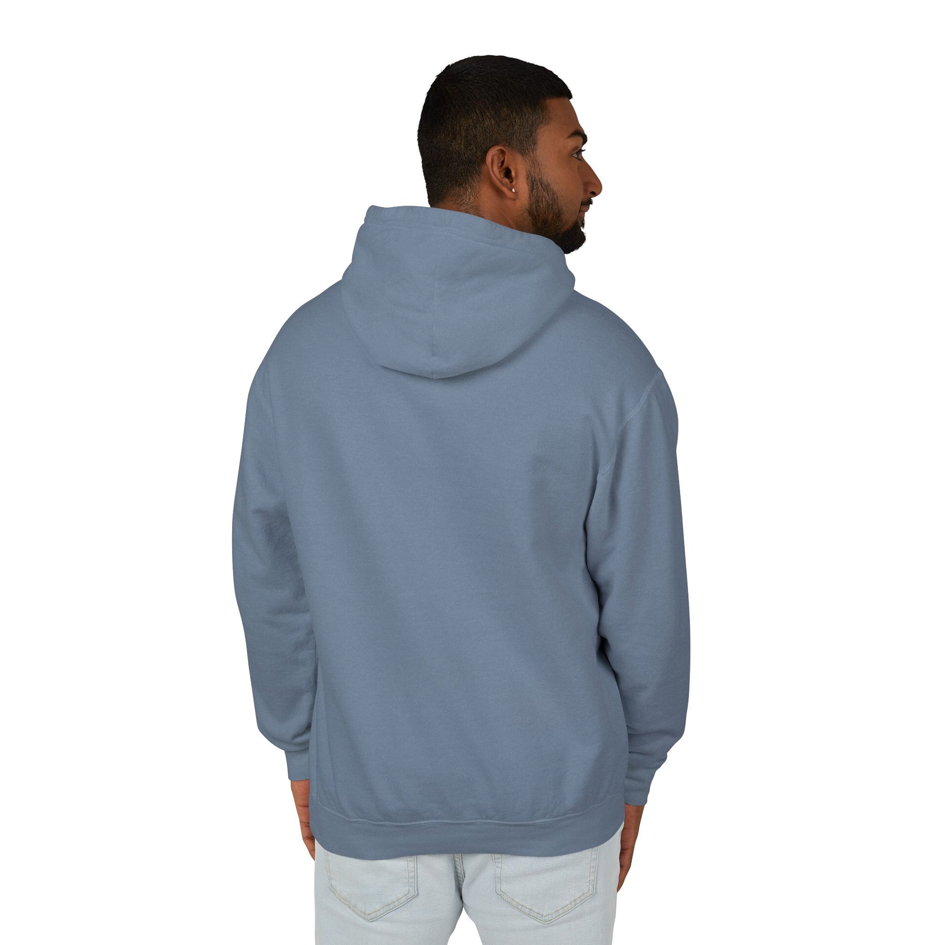 Model facing away, showing of the Blue Jean Alfa Romeo Racing hoodie with no designs on the back.
