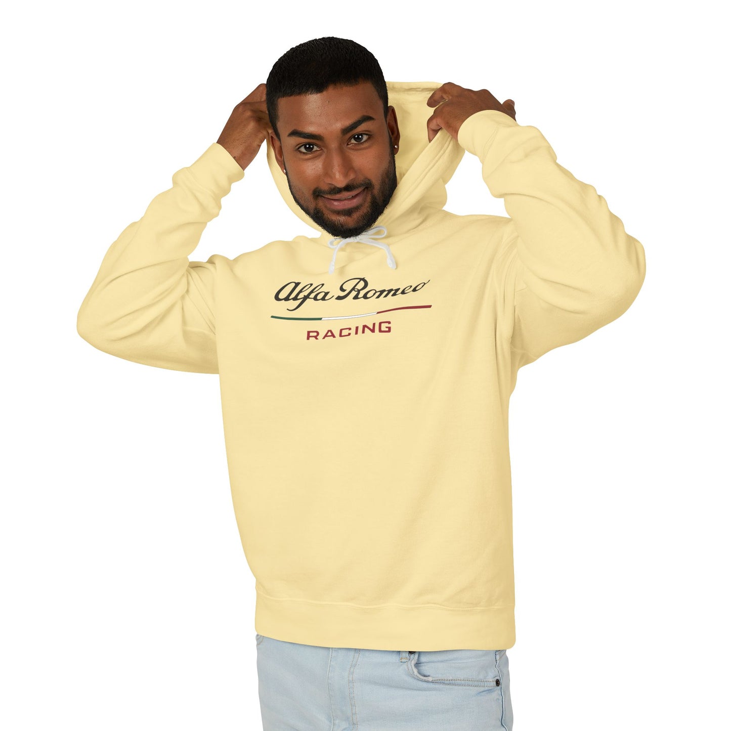 Model wearing a Butter or Light Yellow Alfa Romeo Racing hoodie with logo in black on the front, featuring a natural-colored flatcord hood.
