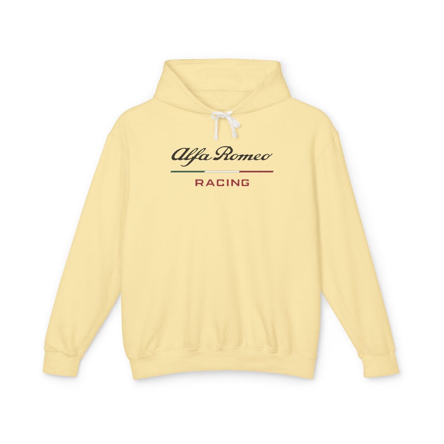 Butter or Light Yellow hoodie with Alfa Romeo Racing logo in black on the front, featuring a natural-colored flatcord hood.
